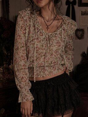 Sheer Mesh Floral Peasant Top‎ Women's XS Smocked Floral Ruffle Whimsigoth Boho